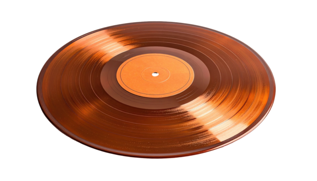 Shiny, copper vinyl record, gleaming with light, isolated against a black background