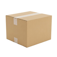 A simple brown cardboard shipping box with white packing tape sealing the seams isolated on a plain black background ready for delivery