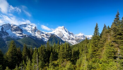 Fototapeta premium Breathtaking Mountain Landscape With Snow Capped Peaks Under A Blue Sky Surrounded By Lush Evergreen Trees Ideal For Travel Brochures Outdoor Adventure Themes Or Nature Inspired Decor