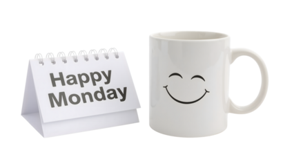 Happy monday motivation with smiling mug and desk calendar isolated on the transparent background for positive start