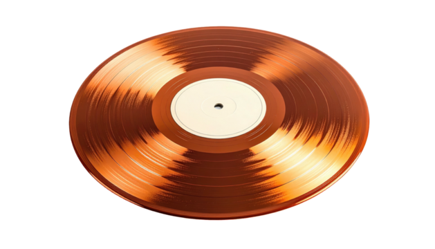 Gleaming copper record, abstract reflection, clean label against a stark black background. Radiating lines create movement