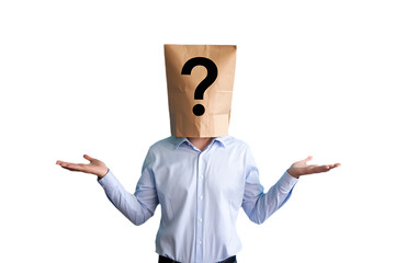 Mysterious person wearing a brown paper bag over their head with a large black question mark symbol painted on it arms outstretched in a gesture of uncertainty against a stark black background