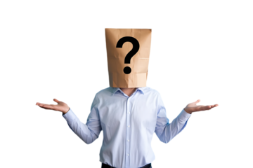 Mysterious person wearing a brown paper bag over their head with a large black question mark symbol painted on it arms outstretched in a gesture of uncertainty against a stark black background