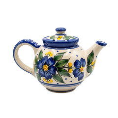Decorative ceramic teapot with vibrant blue floral patterns and yellow accents on a white background