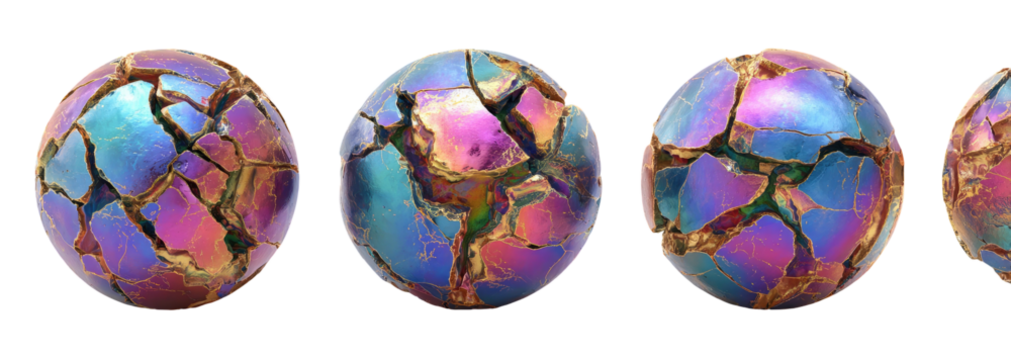 Four iridescent, fractured spherical objects with metallic accents on a black background