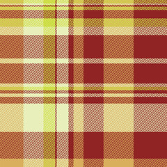 Warm plaid pattern featuring intersecting lines in red, yellow, and beige. Ideal for textile design, backgrounds, or festive winter projects.