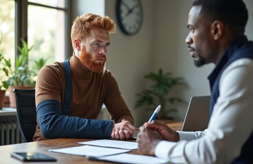 Man with injured arm discusses work accident with insurance broker at desk. Professional consultation takes place in office setting. They review documents related to health, finances.