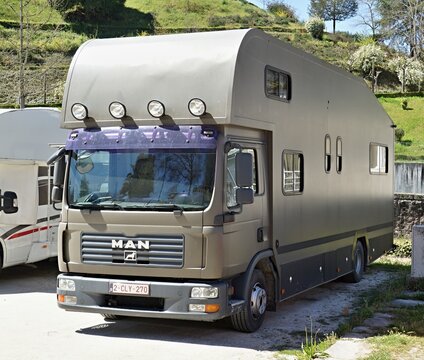 MAN truck transporting horses in a horsebox campervan