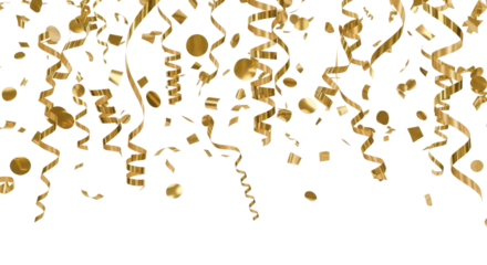 Luxury falling golden confetti and curling ribbons for festive celebration background overlay isolated PNG with Transparent Background