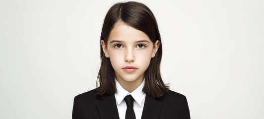 The girl in a black suit and tie with serious expression on white background