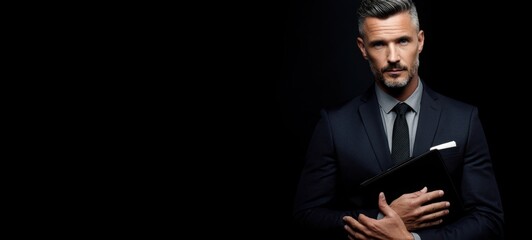 The businessman in a dark suit holding a black folder with confident expression