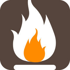 Stylized campfire icon on brown background, vector illustration, simple design, warm tones, outdoor recreation symbol