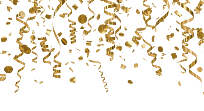 Luxury falling golden confetti and curling ribbons for festive celebration background overlay isolated PNG with Transparent Background