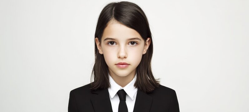 The girl in a black suit and tie with serious expression on white background