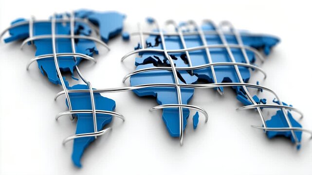 3D World Map Covered With Metal Rods. Global prison punishment captivity Concept
