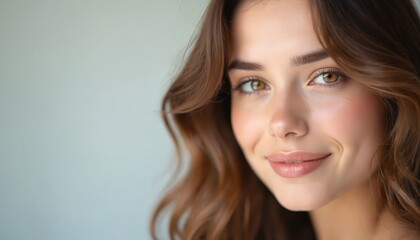 Fototapeta premium Close up of young woman face. She has light brown wavy hair and gentle smile. Her eyes look warm and calm, showing inner peace. Natural light illuminates her smooth skin.