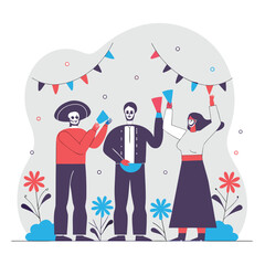 Fototapeta premium Mexican Day of the Dead Celebration Vector Illustration Happy Dancing People