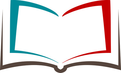 Open book graphic design element, red teal brown color scheme, education concept
