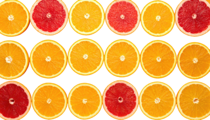 Rows of sliced citrus fruits, alternating between orange and reddish-pink, set against a black background