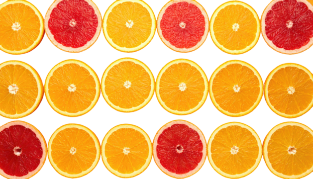 Rows of sliced citrus fruits, alternating between orange and reddish-pink, set against a black background