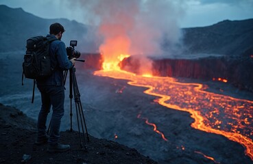 Fototapeta premium Man films lava flow from active volcano at dusk. Adventurer documents fiery eruption with pro camera, tripod. Glowing magma moves across dark volcanic landscape. Majestic power of nature. Hot lava