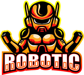 Orange robotic mascot illustration, futuristic design, powerful stance, digital art, gaming logo