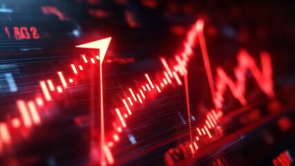 Neon red graph with rising arrow and scrolling numbers against dark background