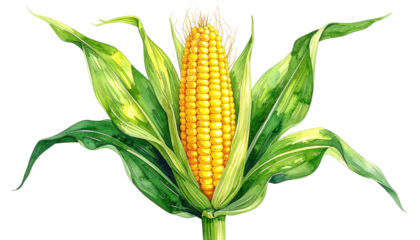 Watercolor drawing of corn on cob with green leaves, isolated on a black background