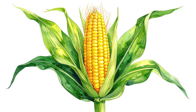 Watercolor drawing of corn on cob with green leaves, isolated on a black background