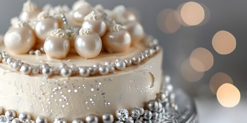 Elegant pearl-decorated cake with shimmering bokeh lights, perfect for celebrations