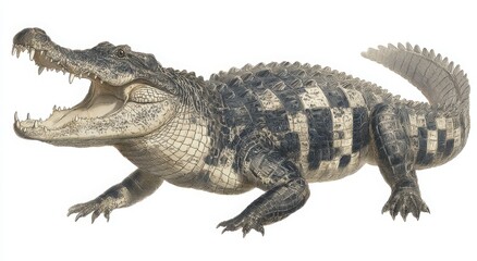 Fototapeta premium A crocodile with its mouth open is shown in a black and white drawing