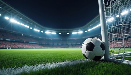 Obraz premium Soccer ball rests near goal net on green grass field in large stadium at night. Bright stadium lights illuminate arena with blurred crowd in background. Game day excitement goal score moment at