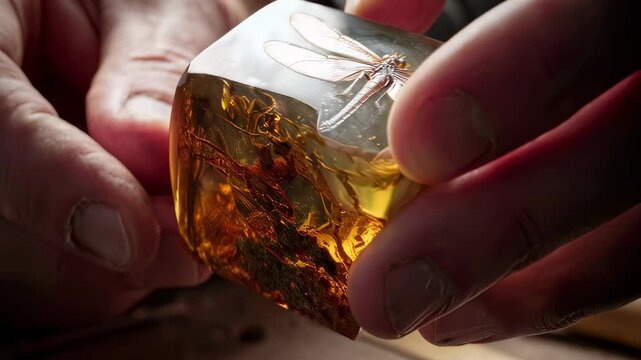 Archeologist closely examines ancient insect, a dragonfly preserved in amber, an historical find from the past.