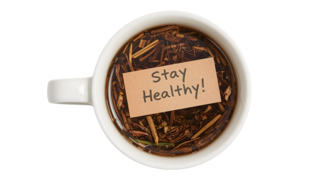 Herbal tea cup with stay healthy message card, wellness motivation, natural infusion, healthy lifestyle concept, overhead view isolated on white