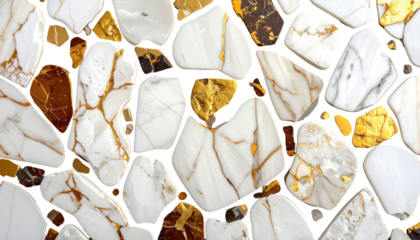 A mosaic of white, gold and brown stones, featuring a mixture of irregular shapes and veined patterns