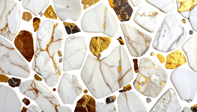 A mosaic of white, gold and brown stones, featuring a mixture of irregular shapes and veined patterns
