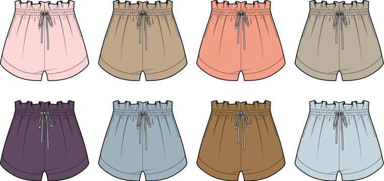 Set of colorful women's paperbag shorts with a ruffled elastic waist. Fashion flat vector illustration template for apparel design and technical sketches
