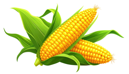 Two ears of corn, golden kernels and green leaves, against a black backdrop, depicted in a cartoon illustration