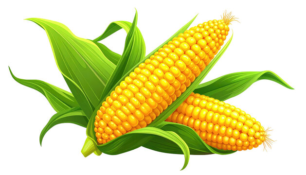 Two ears of corn, golden kernels and green leaves, against a black backdrop, depicted in a cartoon illustration
