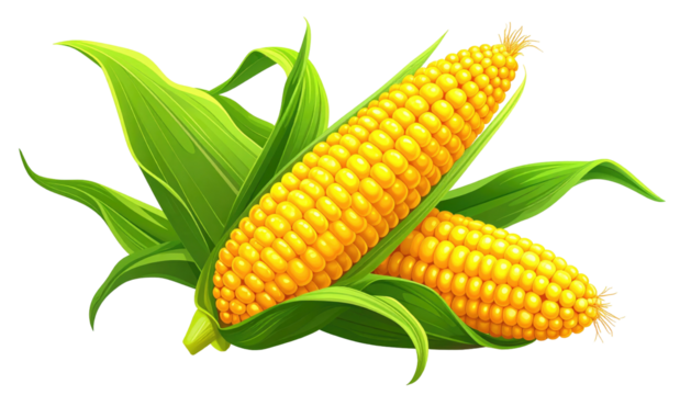 Two ears of corn, golden kernels and green leaves, against a black backdrop, depicted in a cartoon illustration