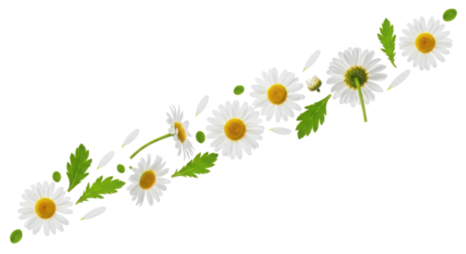 Beautiful daisy flowers and green leaves flowing diagonally as a decorative floral border element. isolated PNG with Transparent Background