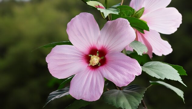 Blooming Hibiscus Syriacus Tree Pink Flowers And Leaves Rose Mallow Gul Hatmi