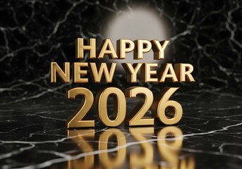 Happy New Year 2026 Gold Text on Marble Background.