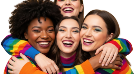 Happy diverse group of young women friends hugging and laughing, celebrating inclusion and unity. isolated PNG with Transparent Background