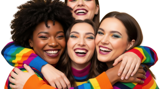 Happy diverse group of young women friends hugging and laughing, celebrating inclusion and unity. isolated PNG with Transparent Background