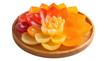 Vibrant flower art Layers of translucent petals in gradients of orange, yellow, and red on wood bowl