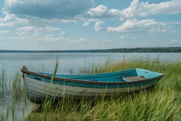 Obraz premium Old wooden boat rests peacefully on the shore of a serene lake, surrounded by lush green grass, creating a tranquil scene of escape and solitude