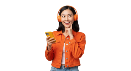 Happy young Asian woman using smartphone and listening to audio media with wireless headphones isolated PNG with Transparent Background