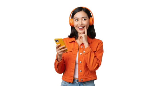 Happy young Asian woman using smartphone and listening to audio media with wireless headphones isolated PNG with Transparent Background - Powered by Adobe