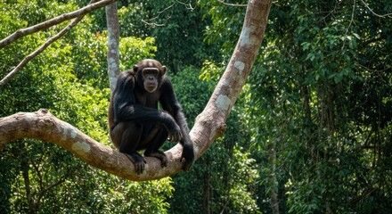 Naklejka premium Chimpanzee perched on tree branch in lush green forest, observing